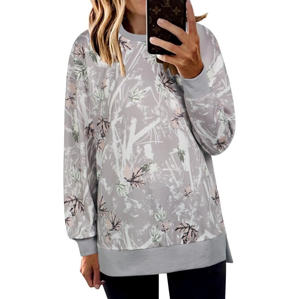 Women Side Split Sweatshirt Polyester Long Sleeve Casual Camo Pullover